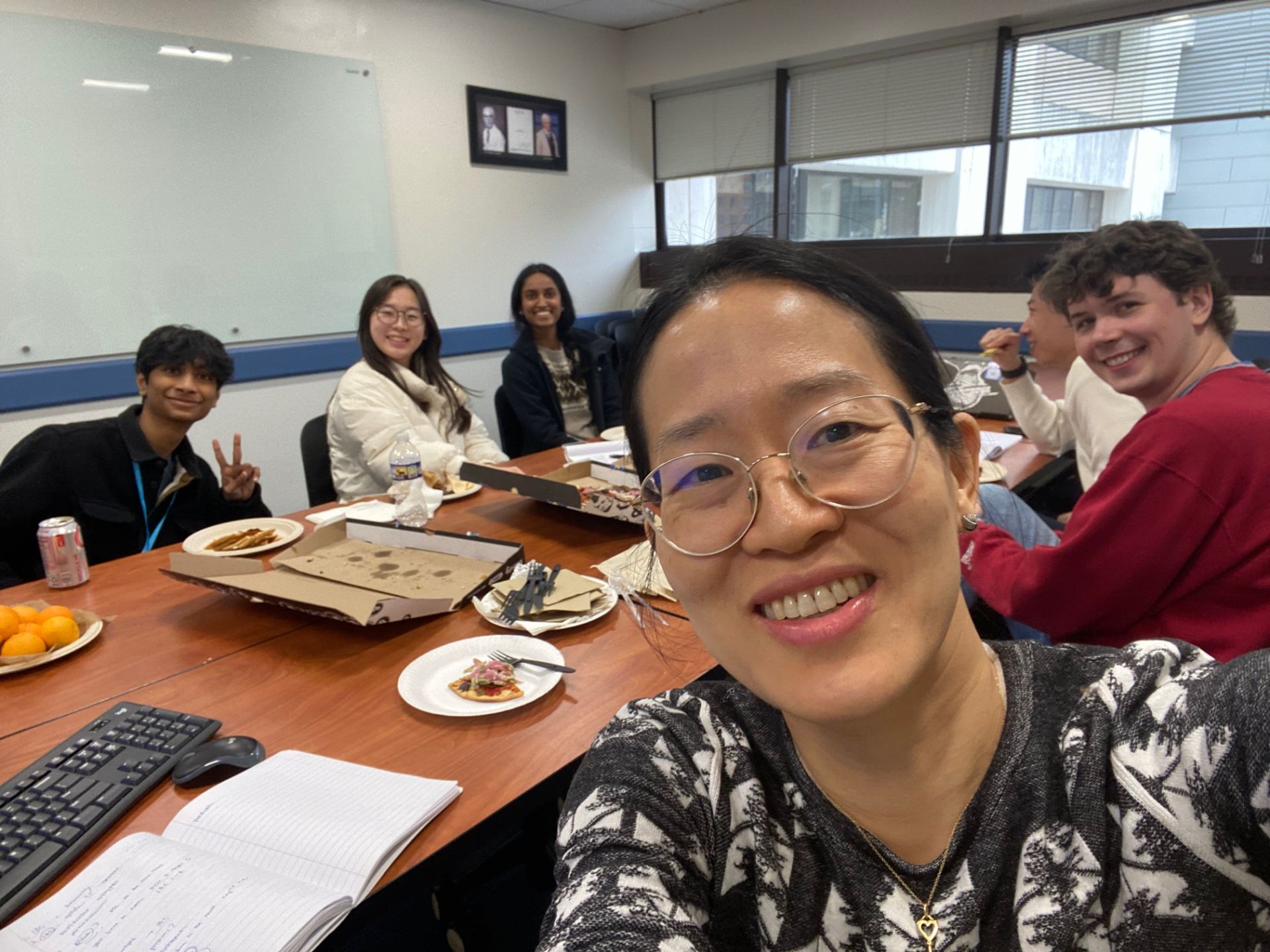 Dr. Chung, Nate, Chris, Raghav, Rita, and Saanvika at the Chung Lab holiday party
